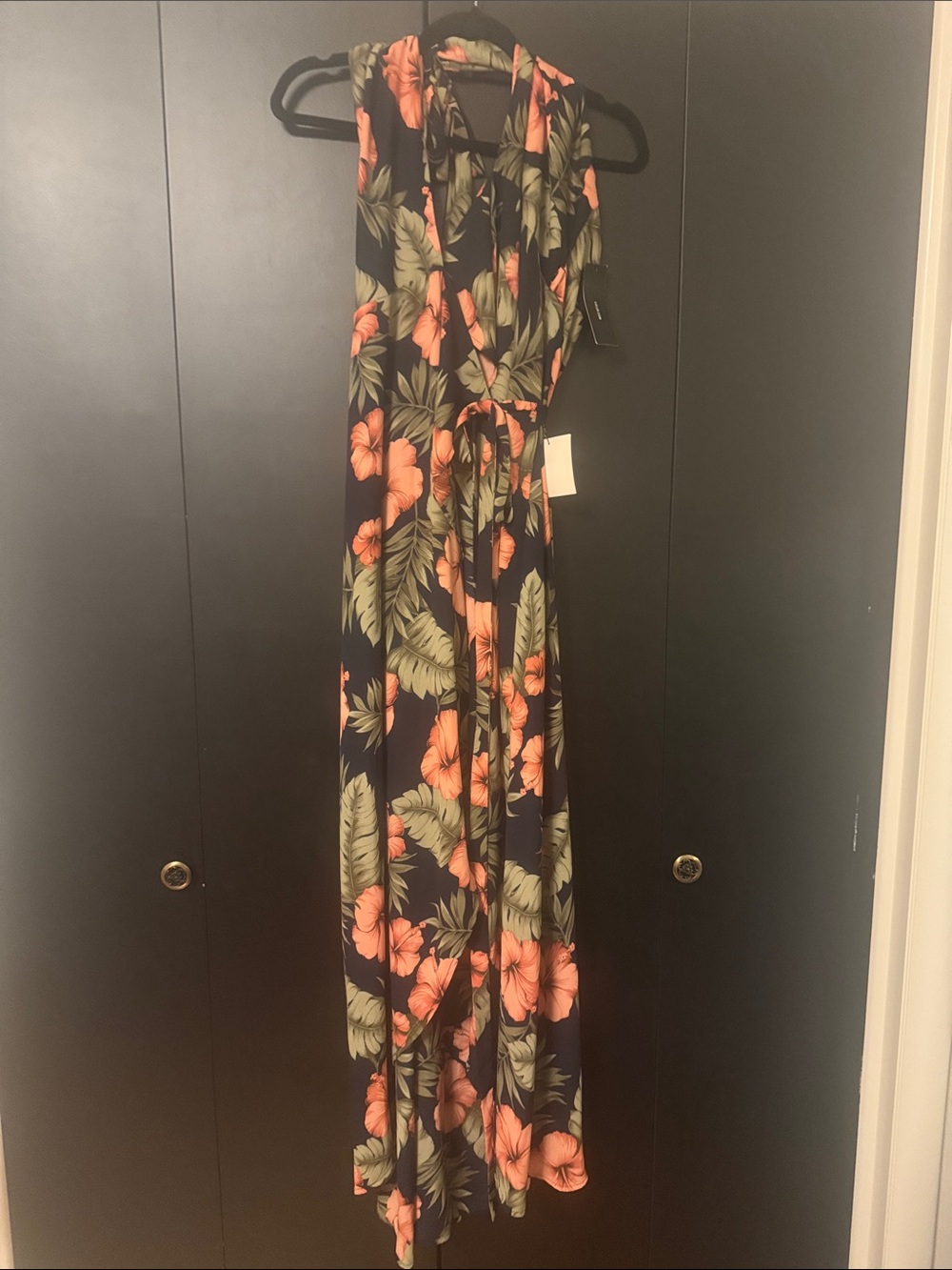 Lulu's Navy High-Low Maxi Dress with Coral Floral Print
